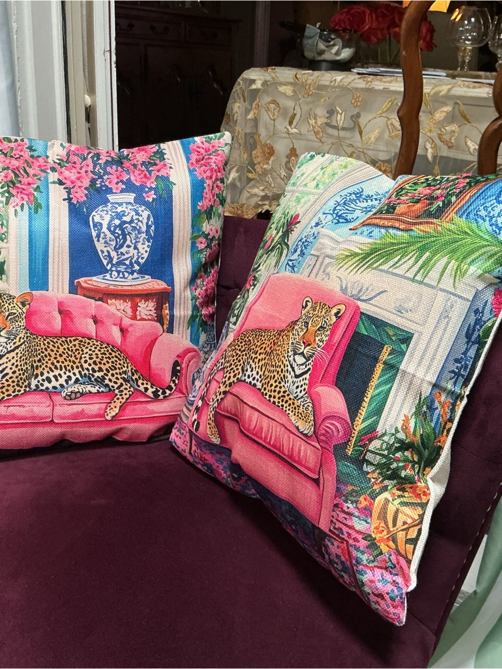 Pink Leopard Decorative Pillow Cover with Tropical Motif2